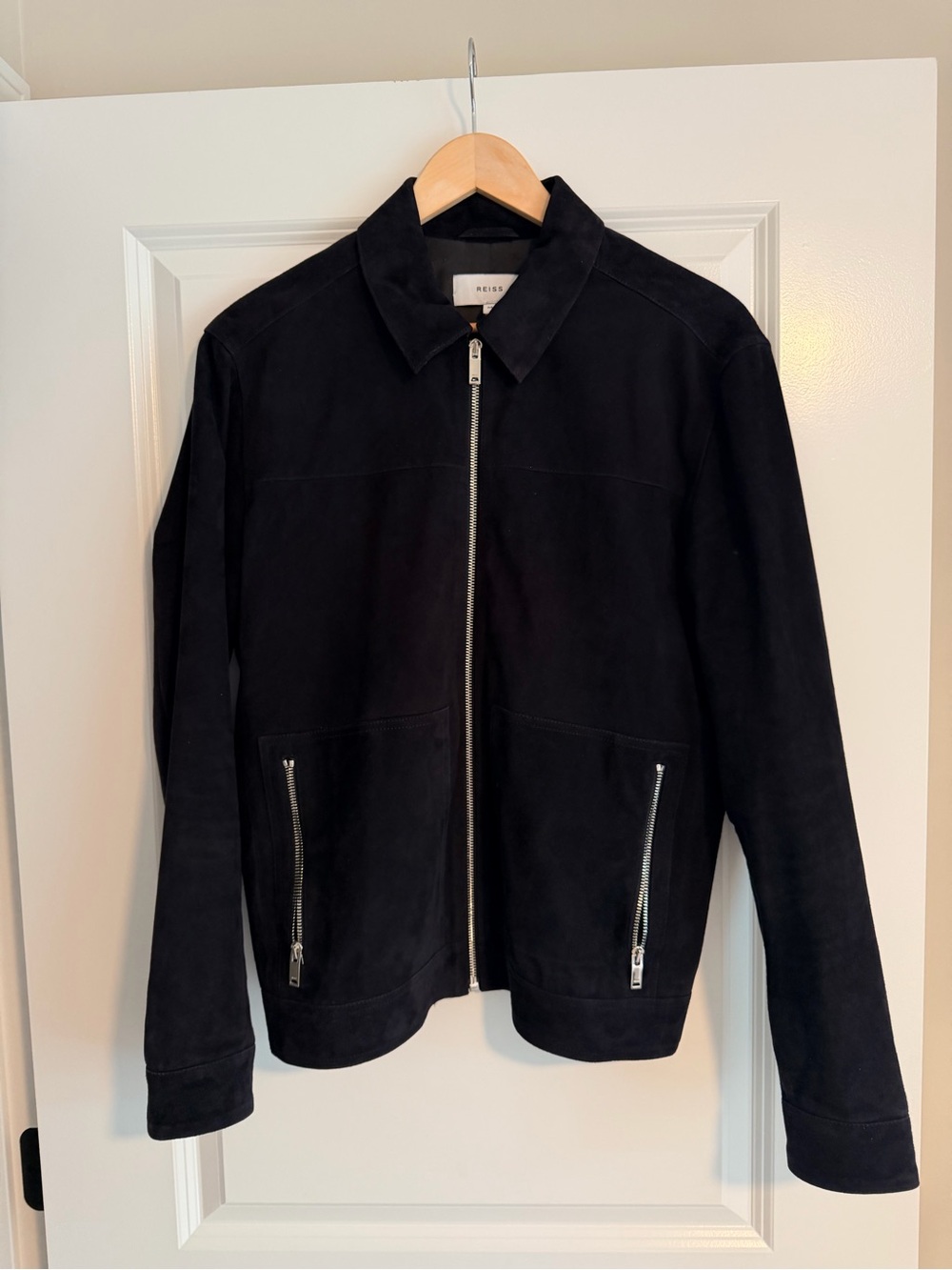 Reiss Navy Suede Zip-Up Collar Jacket